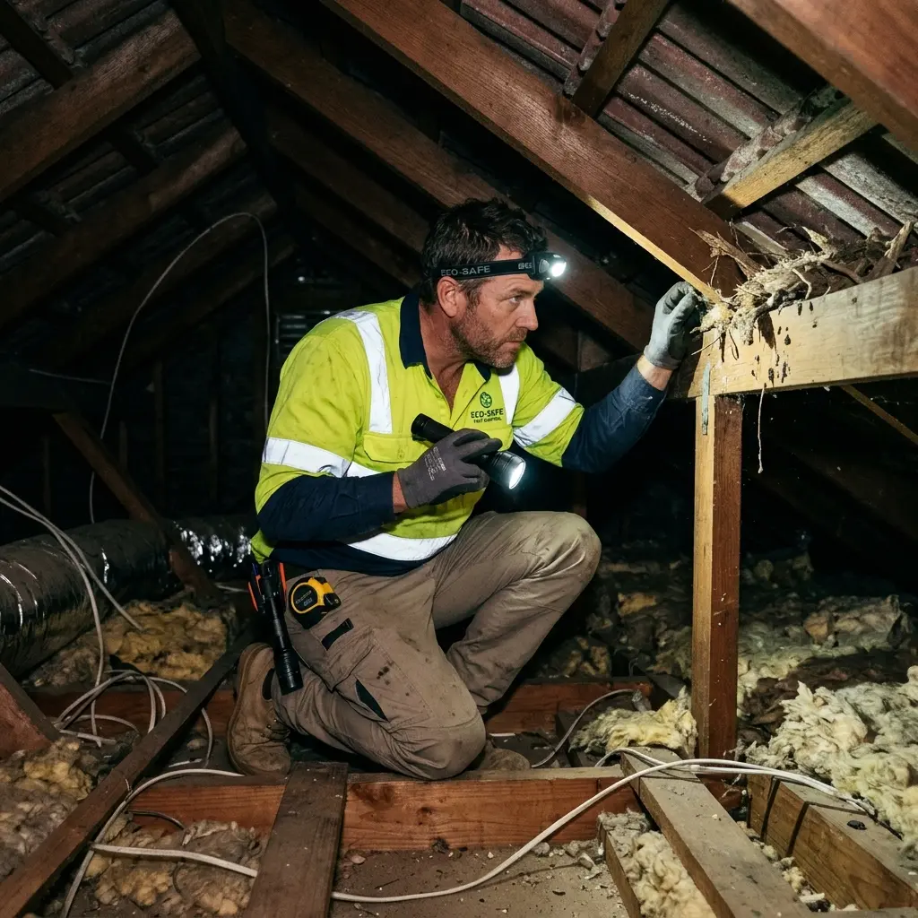 Technician inspecting a roof cavity for a dead animal in Tootgarook