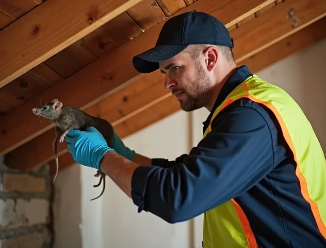 Technician inspecting a roof cavity for a dead rat in Tootgarook
